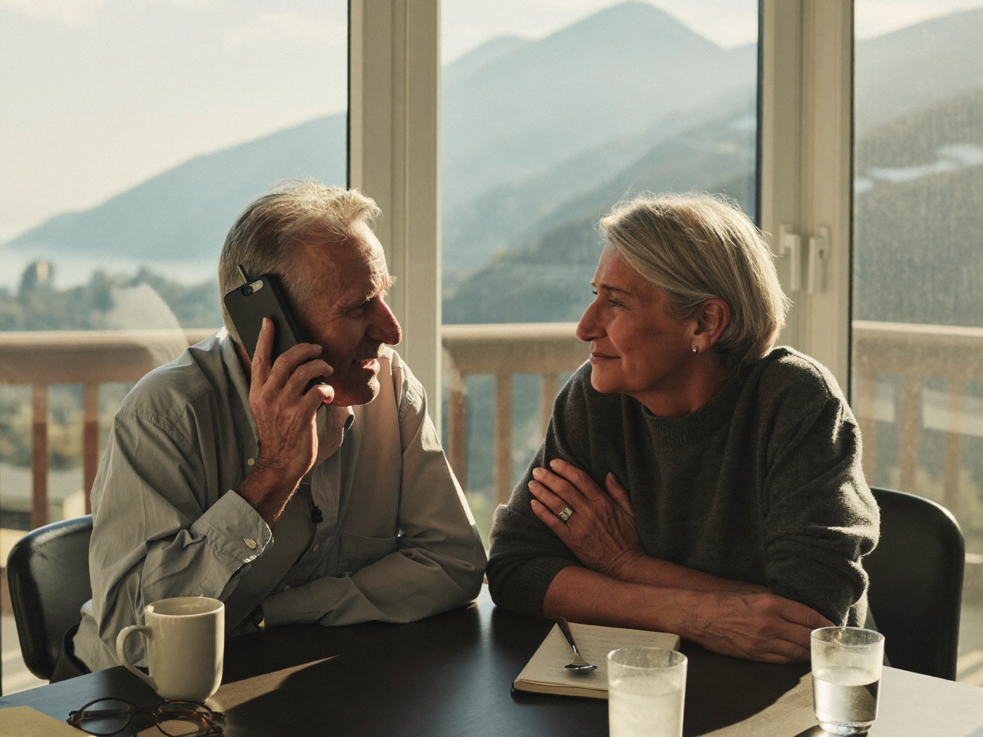 A couple in their sixties taking a call together at their kitchen table